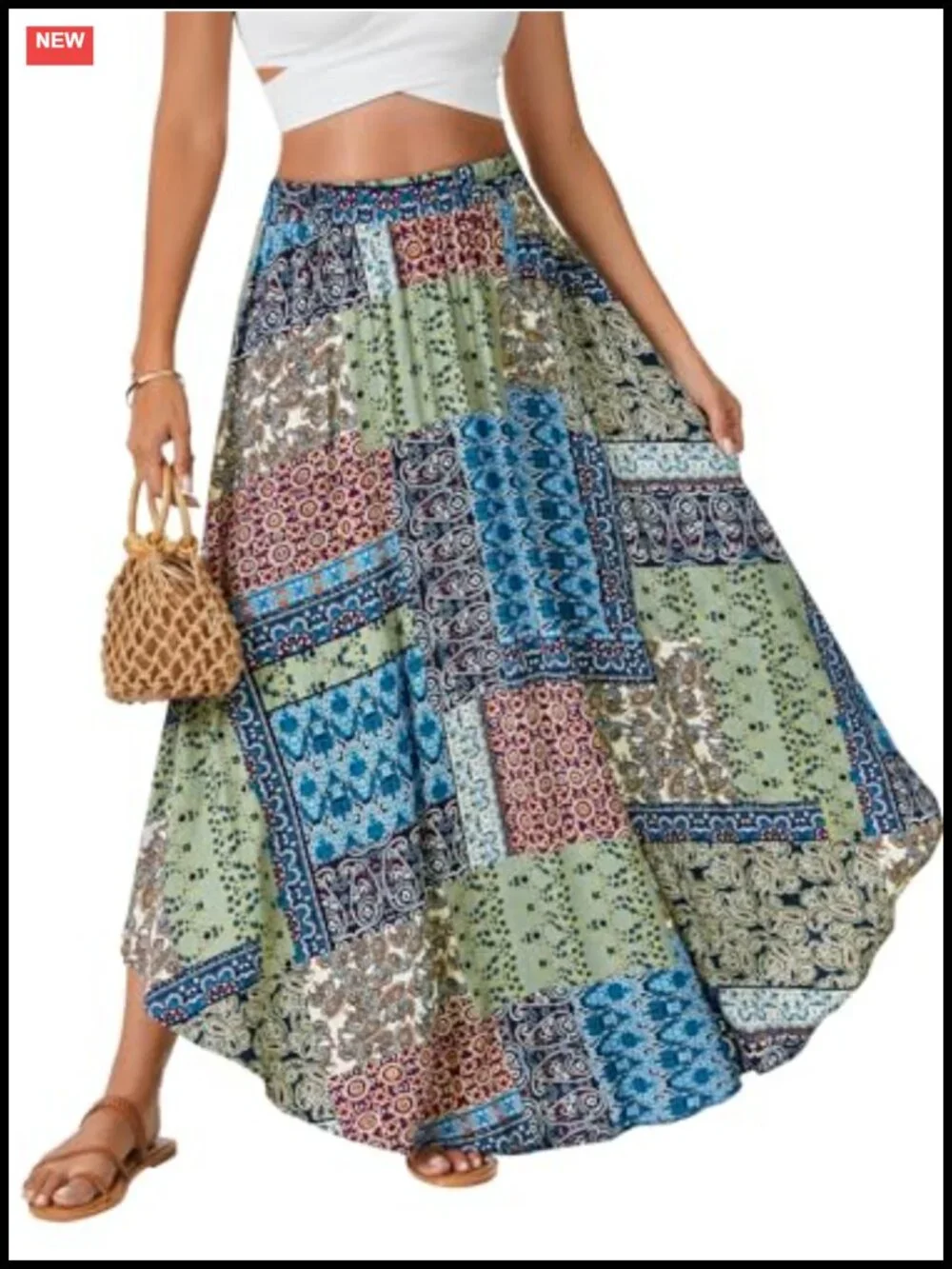 Boho Flowy Maxi Skirt Asymmetric A Line Elastic Waist Summer